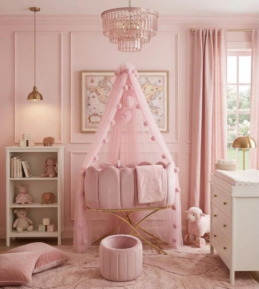Chambre de bébé rose avec berceau et ciel de lit